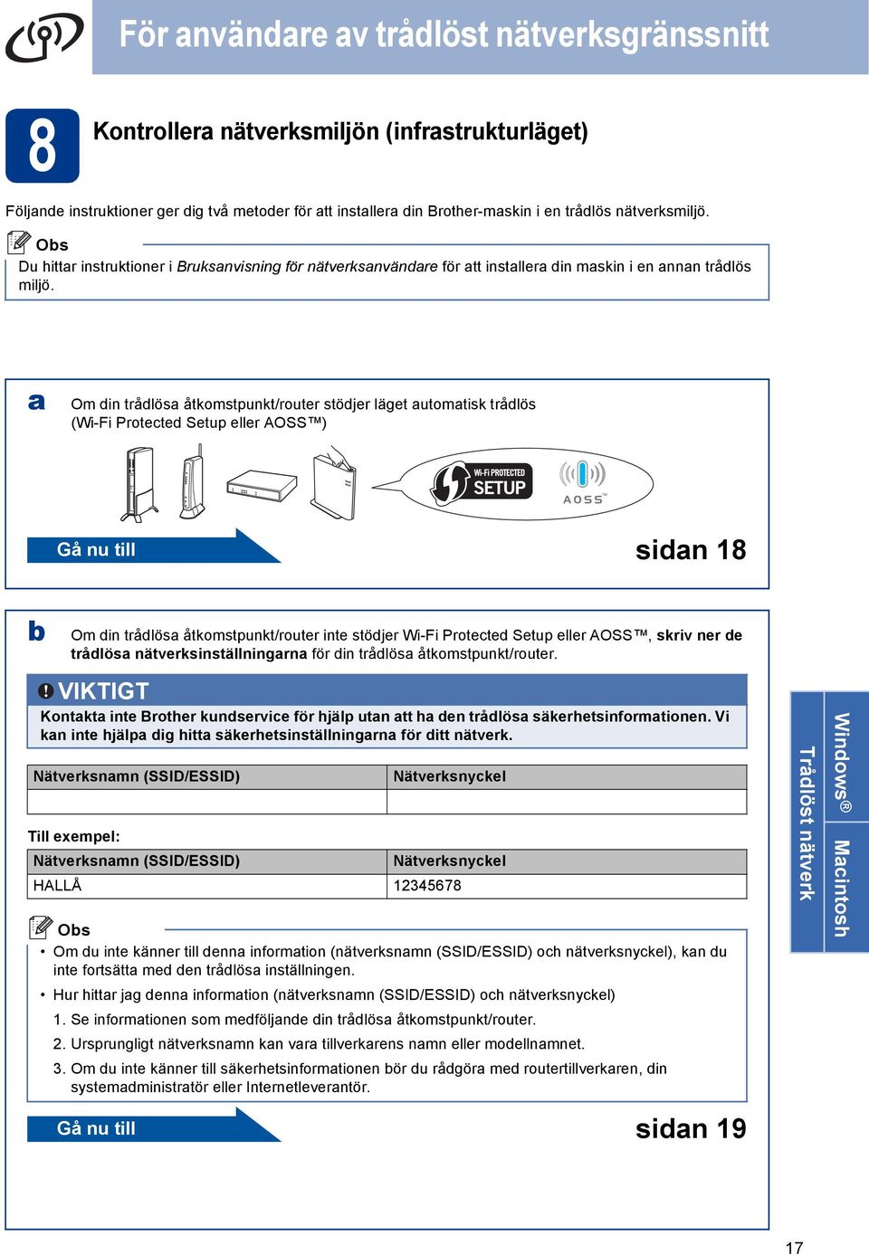 Om in trålös åtkomstpunkt/router stöjer läget utomtisk trålös (Wi-Fi Protete Setup eller AOSS ) Gå nu till sin 18 Om in trålös åtkomstpunkt/router inte stöjer Wi-Fi Protete Setup eller AOSS, skriv