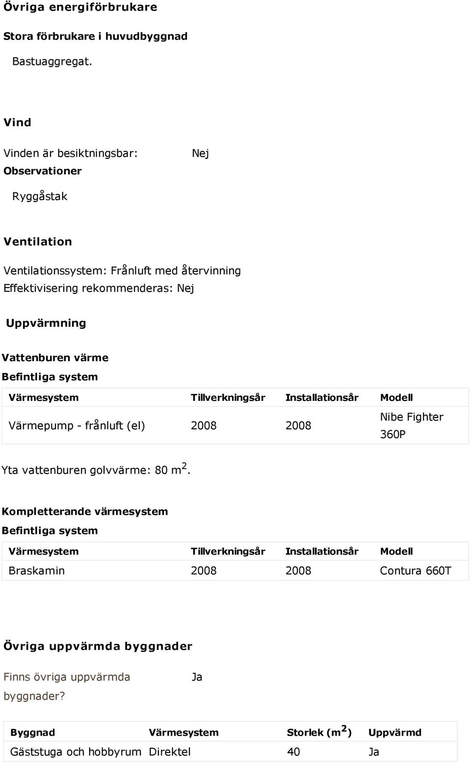 Vattenburen värme Befintliga system Värmesystem Tillverkningsår Installationsår Modell Värmepump - frånluft (el) 2008 2008 Nibe Fighter 360P Yta vattenburen golvvärme: 80