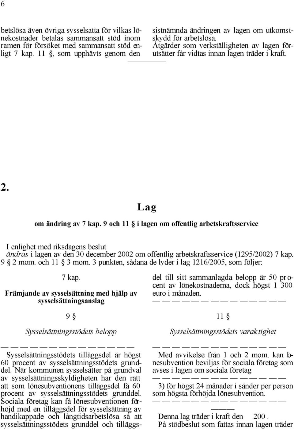 Lag om ändring av 7 kap. 9 och 11 i lagen om offentlig arbetskraftsservice I enlighet med riksdagens beslut ändras i lagen av den 30 december 2002 om offentlig arbetskraftsservice (1295/2002) 7 kap.