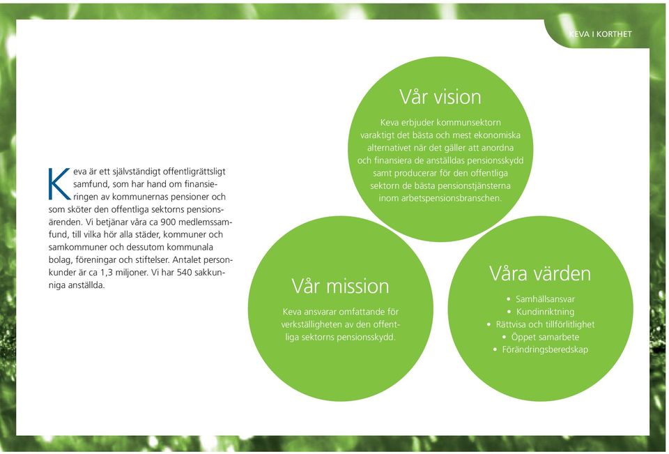 Vi har 540 sakkunniga anställda. Vår mission Keva ansvarar omfattande för verkställigheten av den offentliga sektorns pensionsskydd.