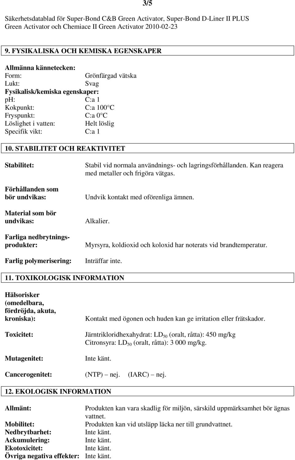 löslig Specifik vikt: C:a 1 10.