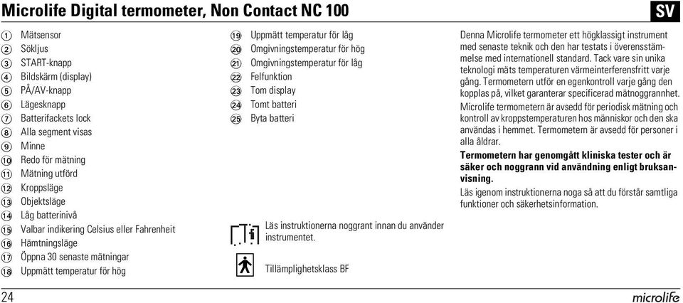 Uppmätt temperatur för låg BT Omgivningstemperatur för hög BK Omgivningstemperatur för låg BL Felfunktion BM Tom display BN Tomt batteri BO Byta batteri Läs instruktionerna noggrant innan du använder