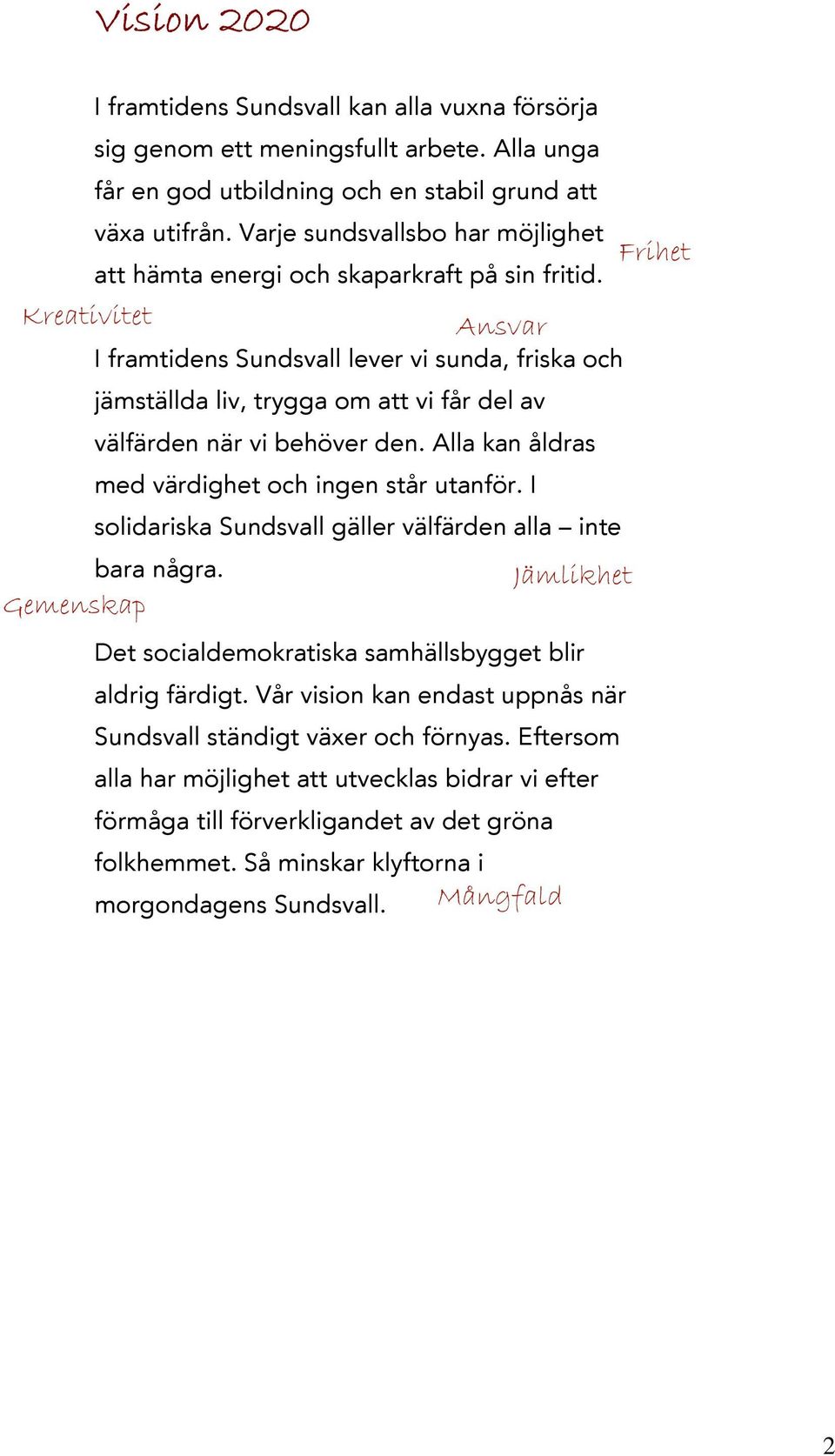 K rea tiv itet A n s v a r I framtidens Sundsvall lever vi sunda, friska o c h jä mstä llda liv, try g g a o m att vi få r del av vä lfä rden nä r vi b eh över den.