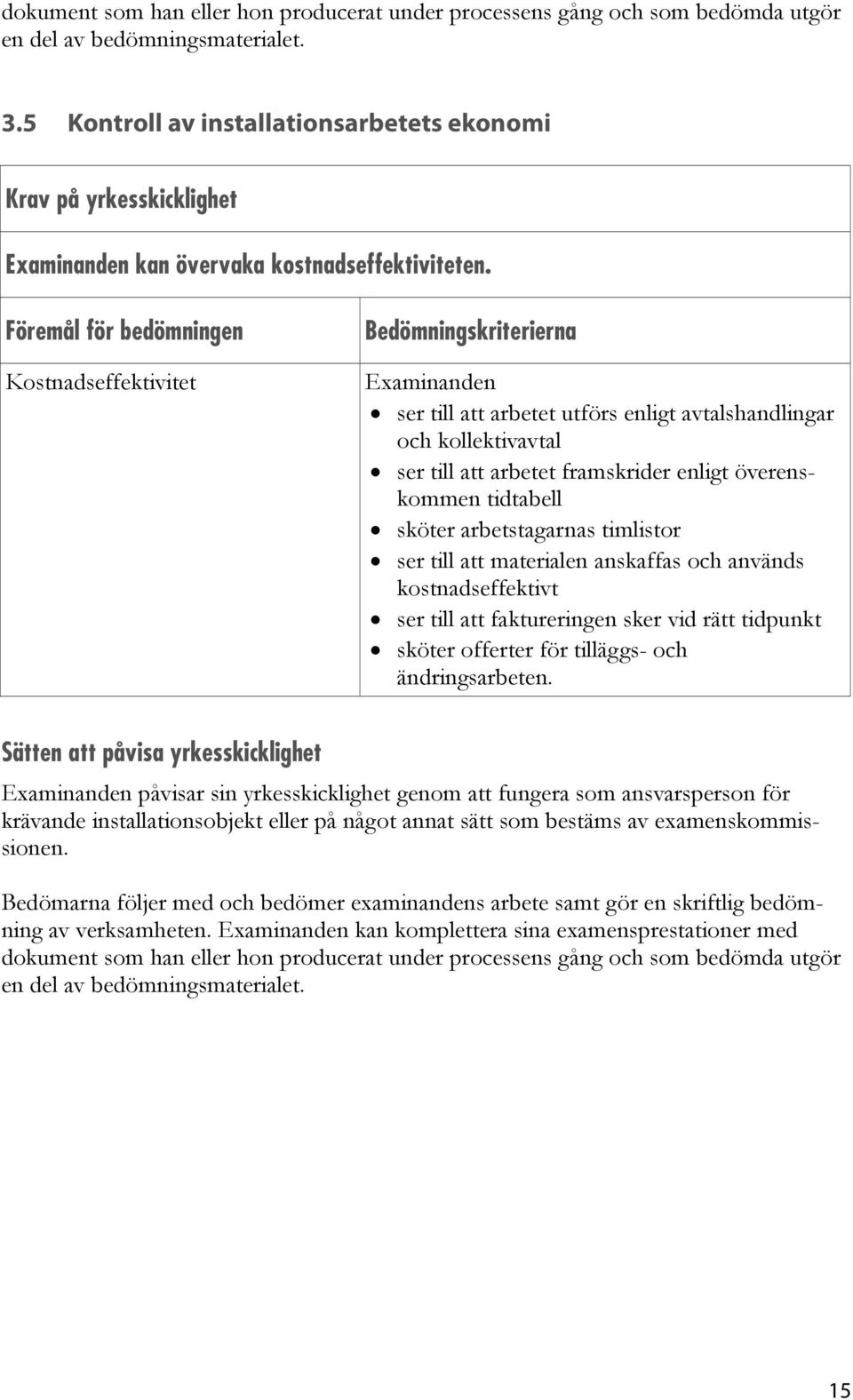 Föremål för bedömningen Kostnadseffektivitet Bedömningskriterierna ser till att arbetet utförs enligt avtalshandlingar och kollektivavtal ser till att arbetet framskrider enligt överenskommen