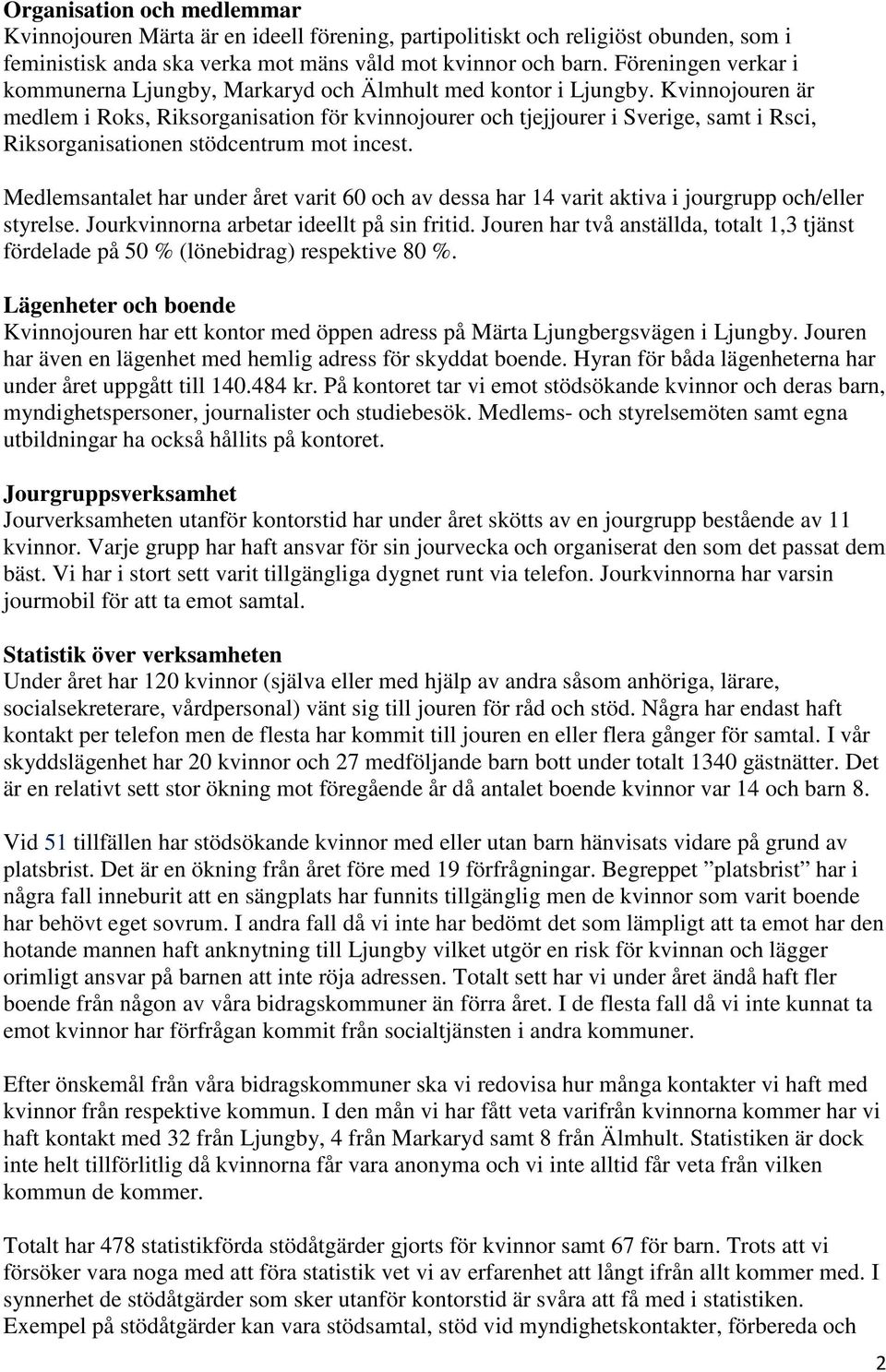 Kvinnojouren är medlem i Roks, Riksorganisation för kvinnojourer och tjejjourer i Sverige, samt i Rsci, Riksorganisationen stödcentrum mot incest.