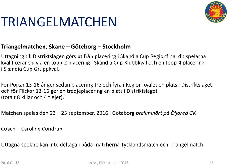 För Pojkar 13-16 år ger sedan placering tre och fyra i Region kvalet en plats i Distriktslaget, och för Flickor 13-16 ger en tredjeplacering en plats i Distriktslaget