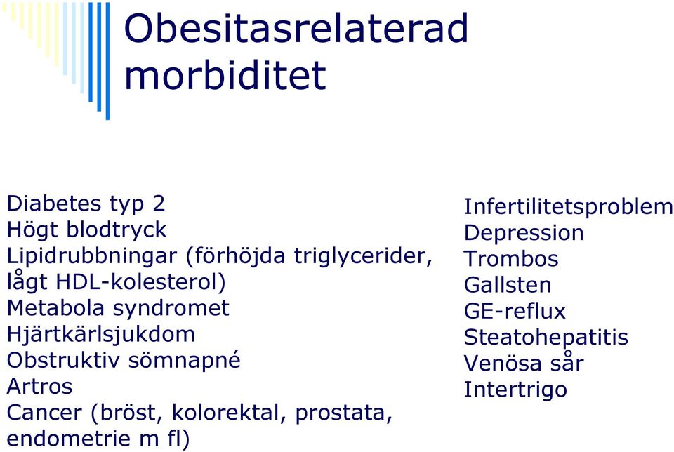 Obstruktiv sömnapné Artros Cancer (bröst, kolorektal, prostata, endometrie m fl)
