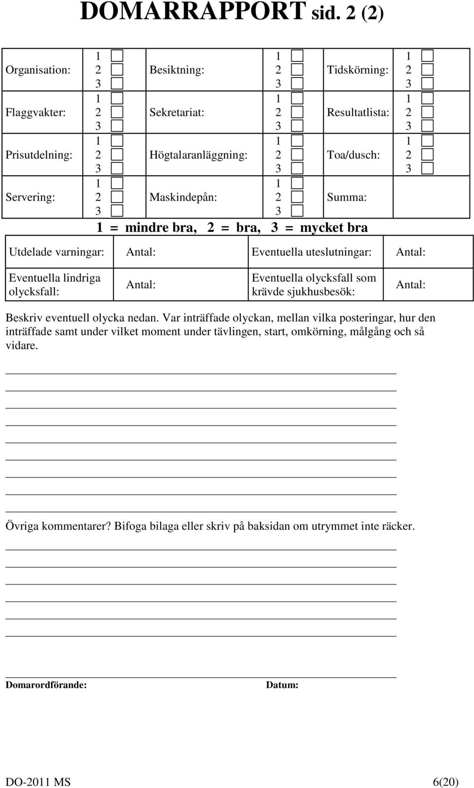 mindre bra, = bra, = mycket bra Utdelade varningar: Antal: Eventuella uteslutningar: Antal: Eventuella lindriga olycksfall: Antal: Eventuella olycksfall som krävde