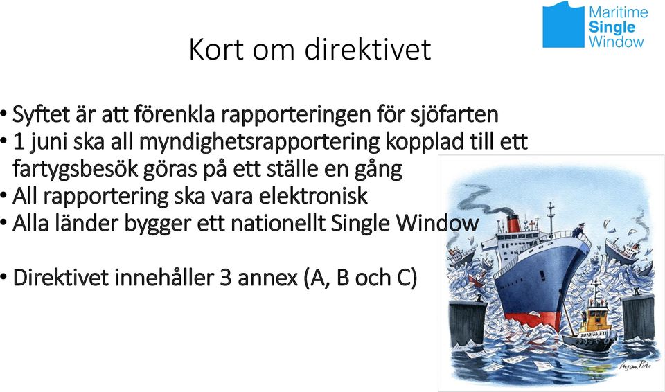 på ett ställe en gång All rapportering ska vara elektronisk Alla länder