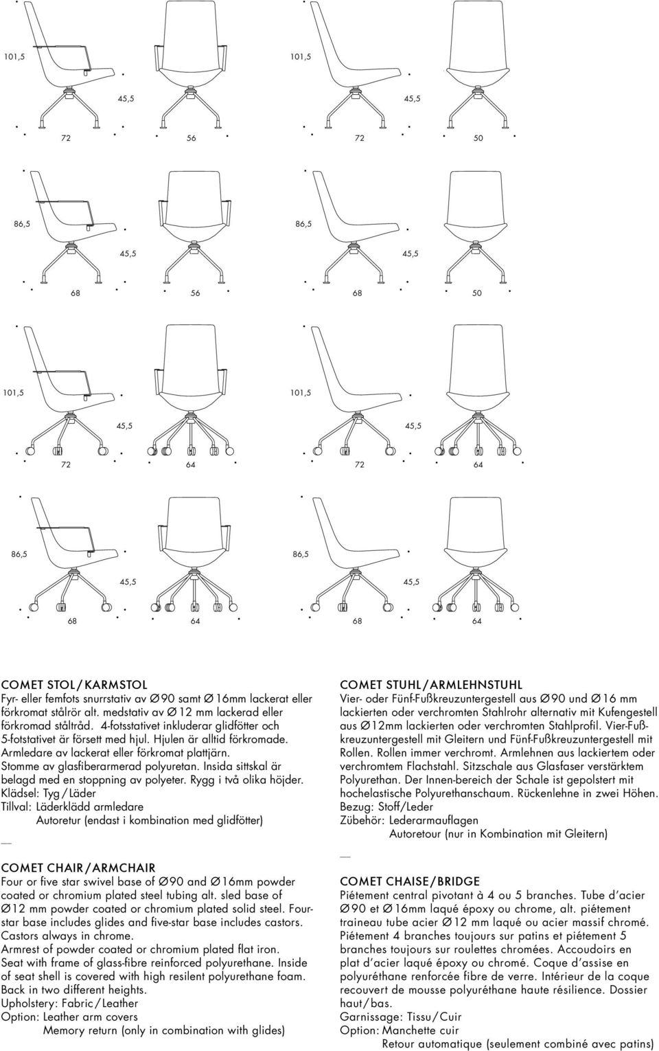 Armledare av lackerat eller förkromat plattjärn. Stomme av glasfiberarmerad polyuretan. Insida sittskal är belagd med en stoppning av polyeter. Rygg i två olika höjder.