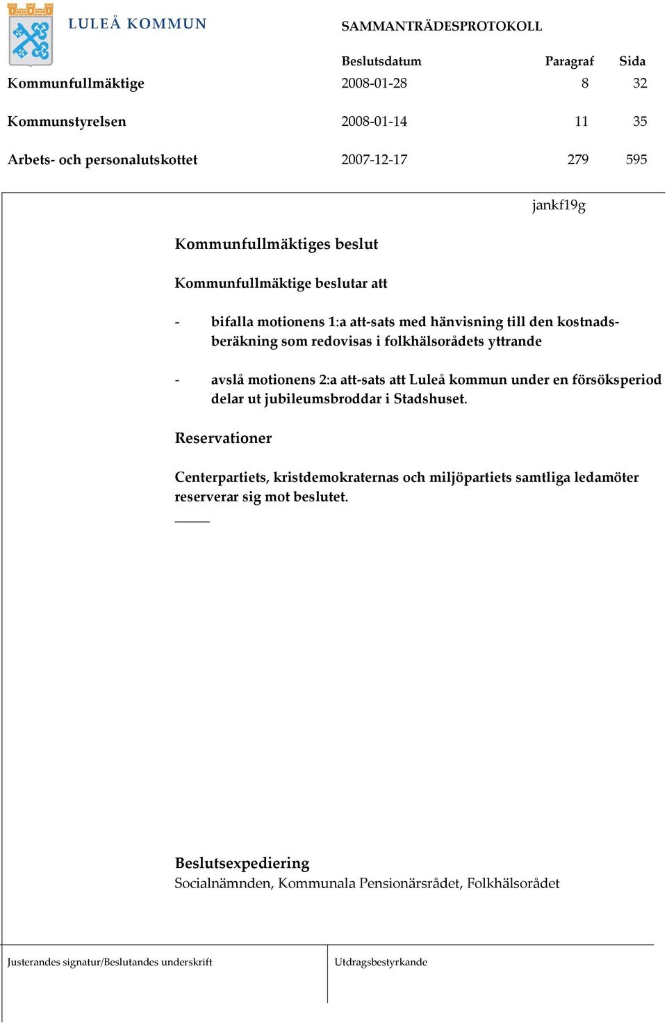 yttrande - avslå motionens 2:a att-sats att Luleå kommun under en försöksperiod delar ut jubileumsbroddar i Stadshuset.