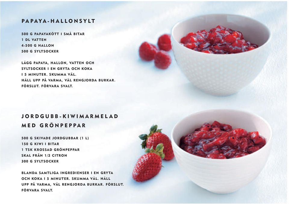 JORDGUBB-KIWIMARMELAD MED GRÖNPEPPAR 500 G SKIVADE JORDGUBBAR (1 L) 150 G KIWI I BITAR 1 TSK KROSSAD GRÖNPEPPAR SKAL FRÅN 1/2 CITRON