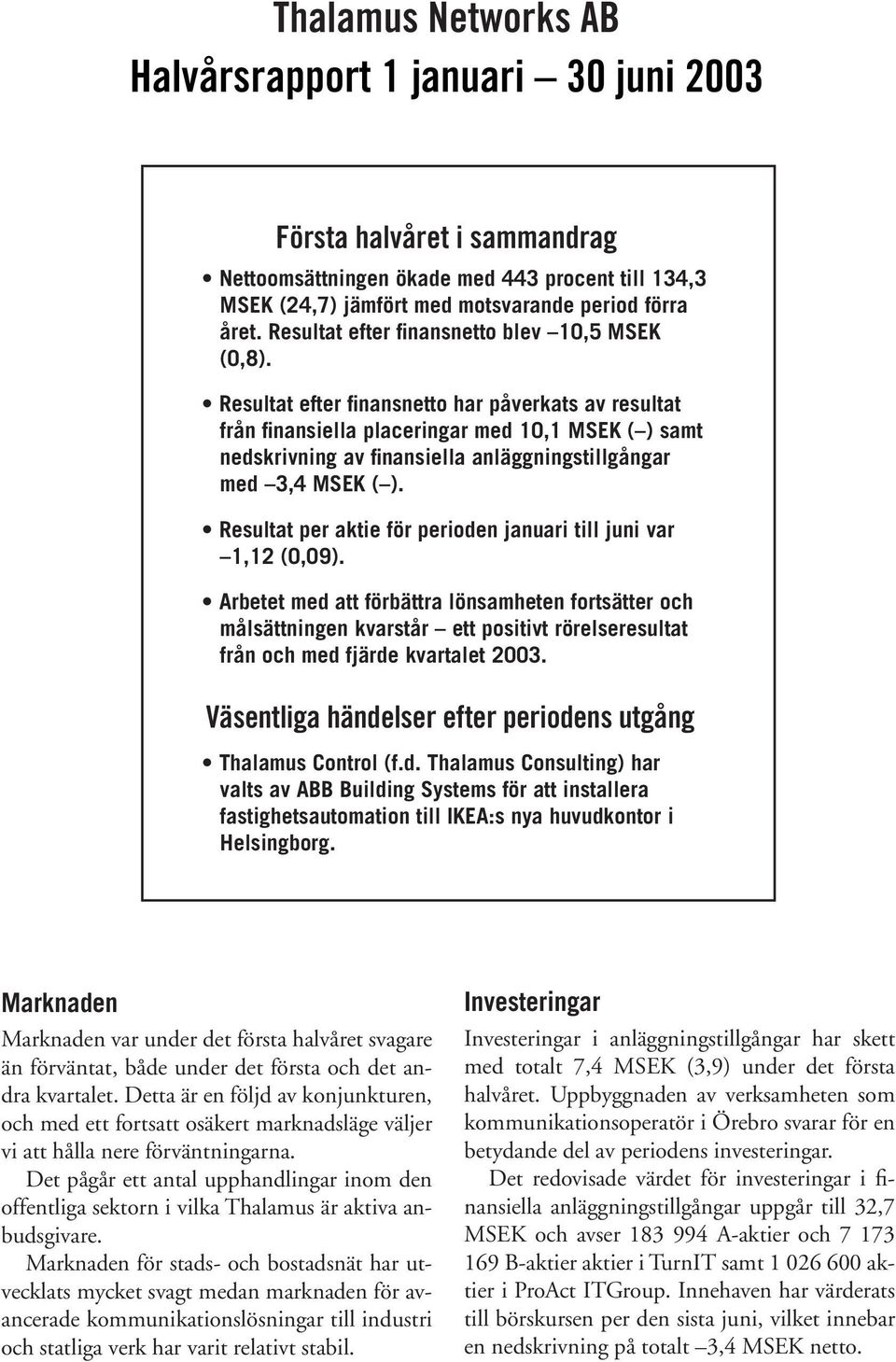 Resultat efter finansnetto har påverkats av resultat från finansiella placeringar med 10,1 MSEK ( ) samt nedskrivning av finansiella anläggningstillgångar med 3,4 MSEK ( ).