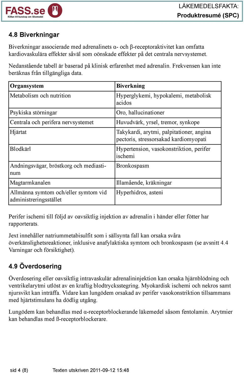Organsystem Metabolism och nutrition Psykiska störningar Centrala och perifera nervsystemet Hjärtat Blodkärl Andningsvägar, bröstkorg och mediastinum Magtarmkanalen Allmänna symtom och/eller symtom