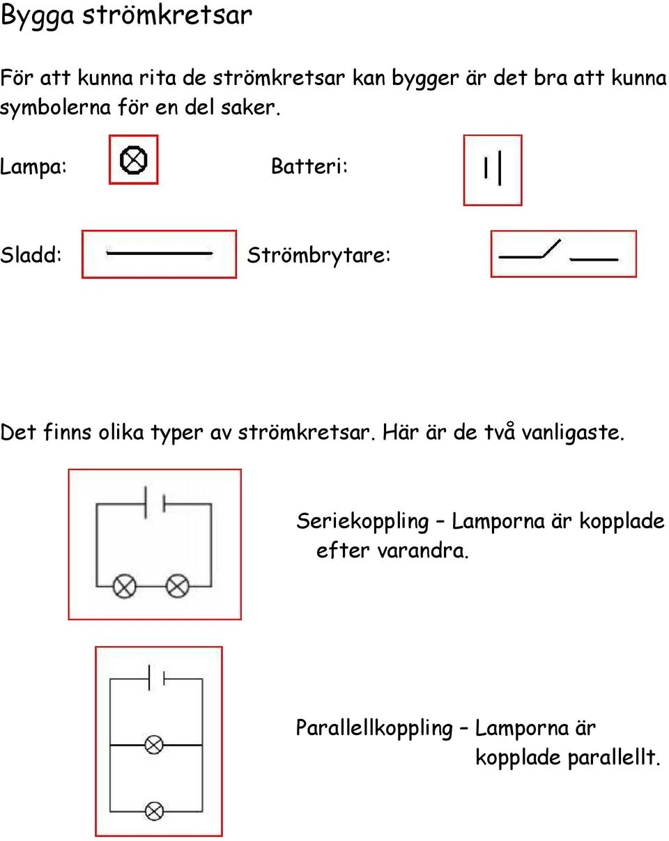 Lampa: Batteri: Sladd: Strömbrytare: Det finns olika typer av strömkretsar.