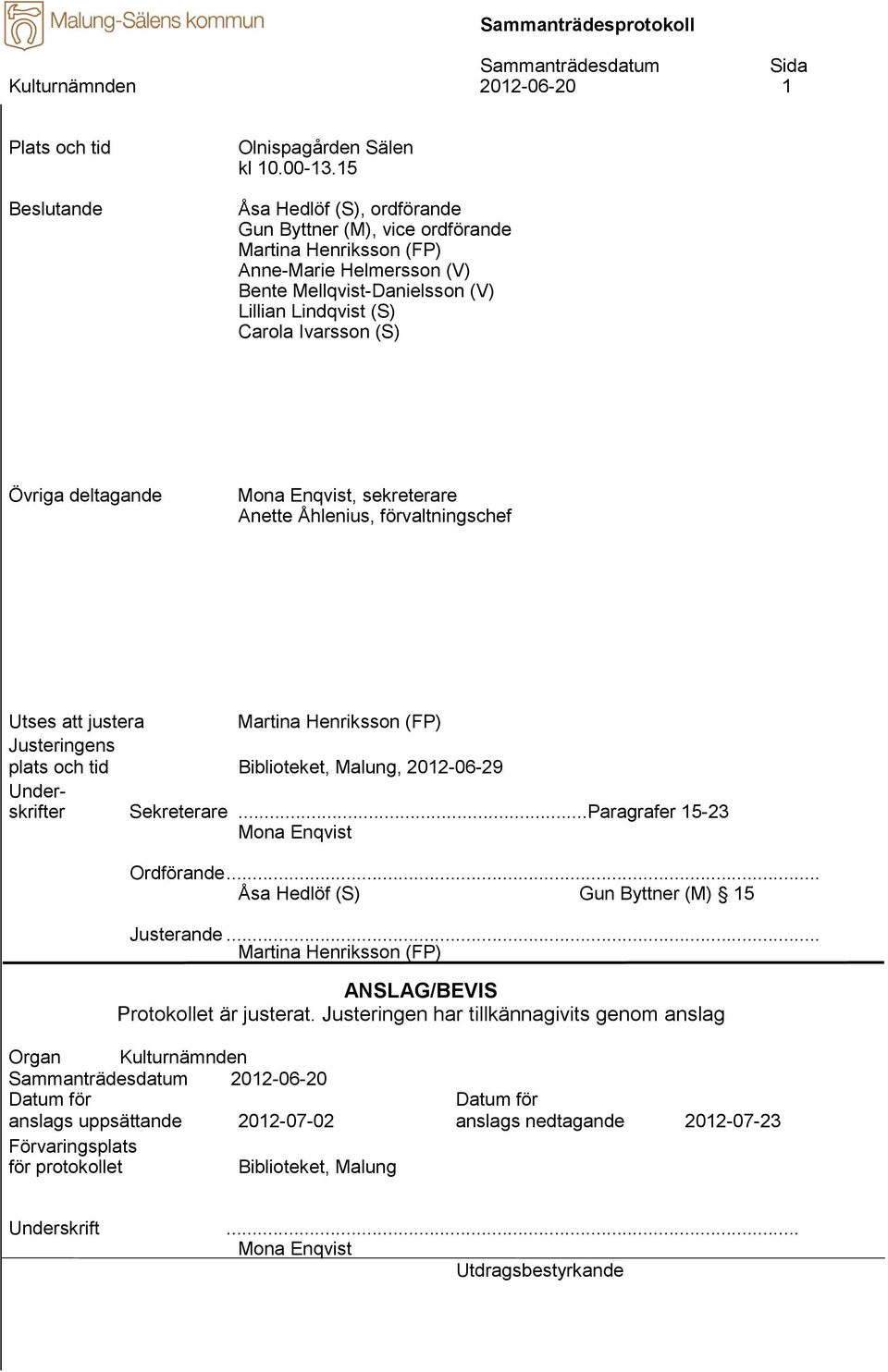 deltagande Mona Enqvist, sekreterare Anette Åhlenius, förvaltningschef Utses att justera Martina Henriksson (FP) Justeringens plats och tid Biblioteket, Malung, 2012-06-29 Underskrifter Sekreterare.