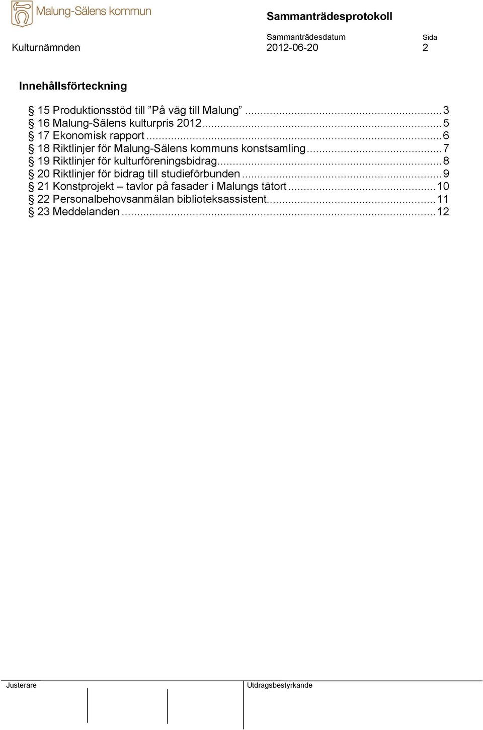 ..6 18 Riktlinjer för Malung-Sälens kommuns konstsamling...7 19 Riktlinjer för kulturföreningsbidrag.