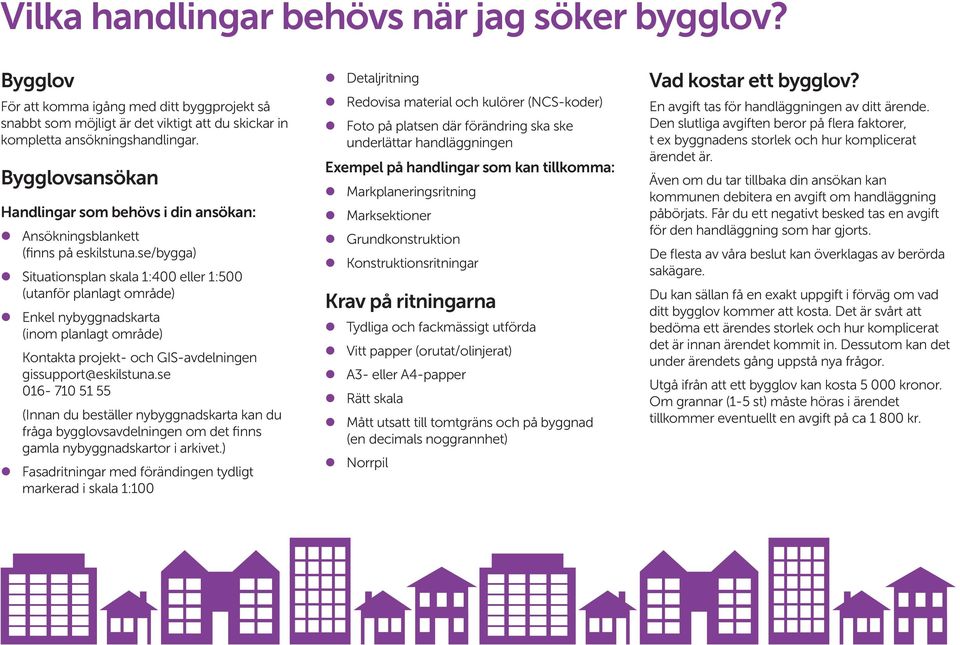 se/bygga) Situationsplan skala 1:400 eller 1:500 (utanför planlagt område) Enkel nybyggnadskarta (inom planlagt område) Kontakta projekt- och GIS-avdelningen gissupport@eskilstuna.