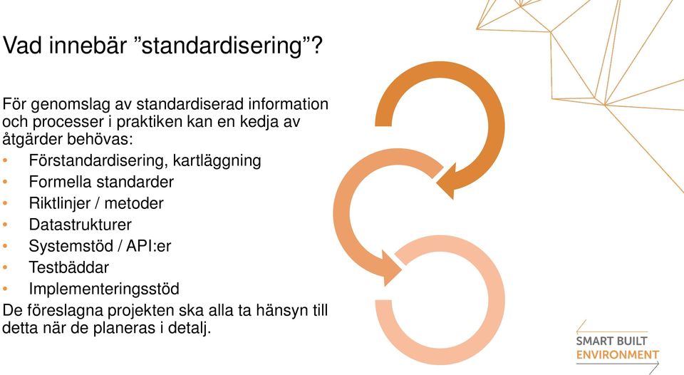 åtgärder behövas: Förstandardisering, kartläggning Formella standarder Riktlinjer /