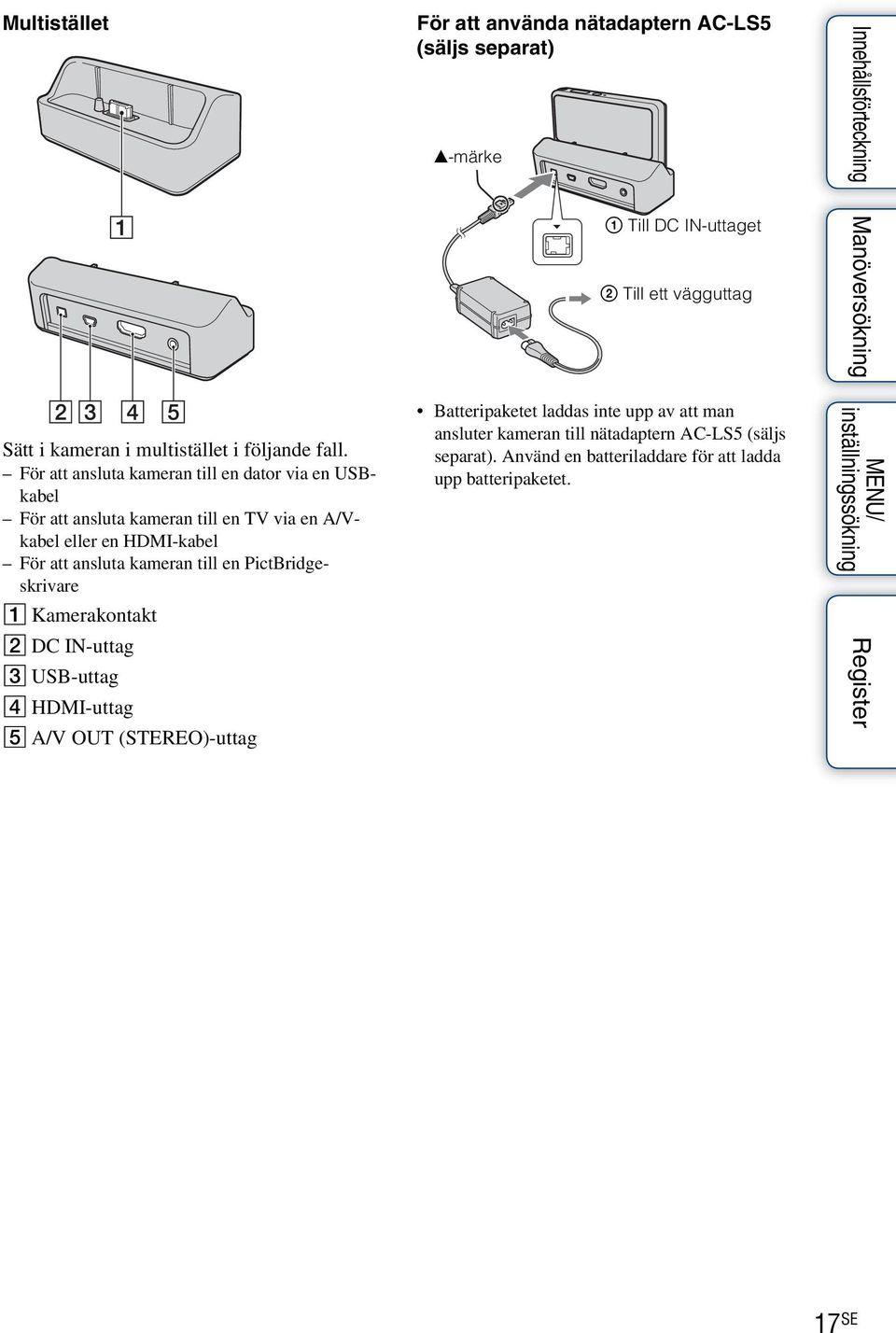 kameran till en PictBridgeskrivare A Kamerakontakt B DC IN-uttag C USB-uttag D HDMI-uttag E A/V OUT (STEREO)-uttag För att använda nätadaptern