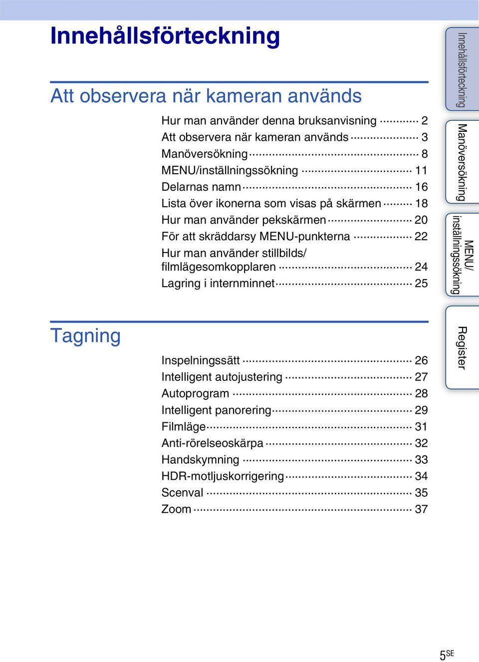 MENU-punkterna 22 Hur man använder stillbilds/ filmlägesomkopplaren 24 Lagring i internminnet 25 Tagning Inspelningssätt 26 Intelligent