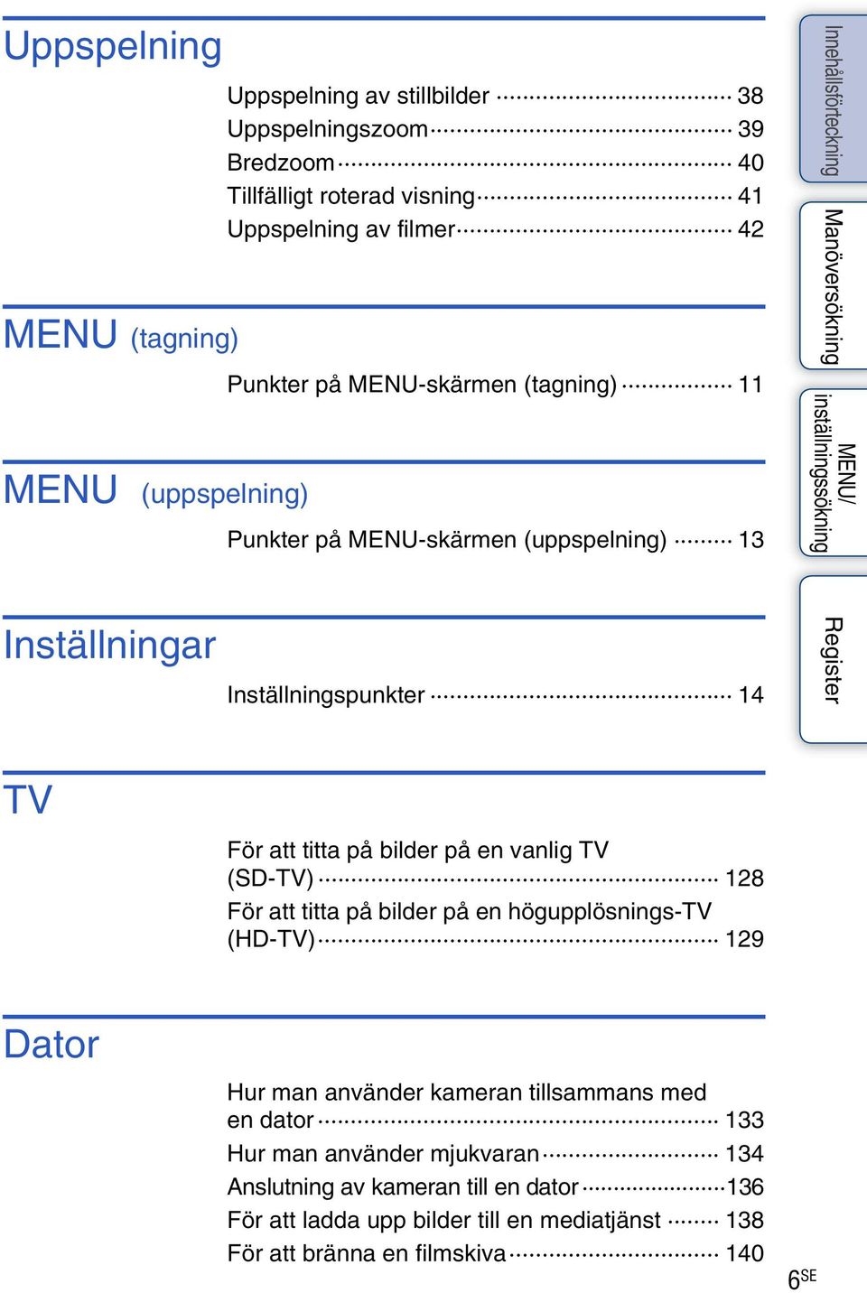 bilder på en vanlig TV (SD-TV) 128 För att titta på bilder på en högupplösnings-tv (HD-TV) 129 Dator Hur man använder kameran tillsammans med en dator