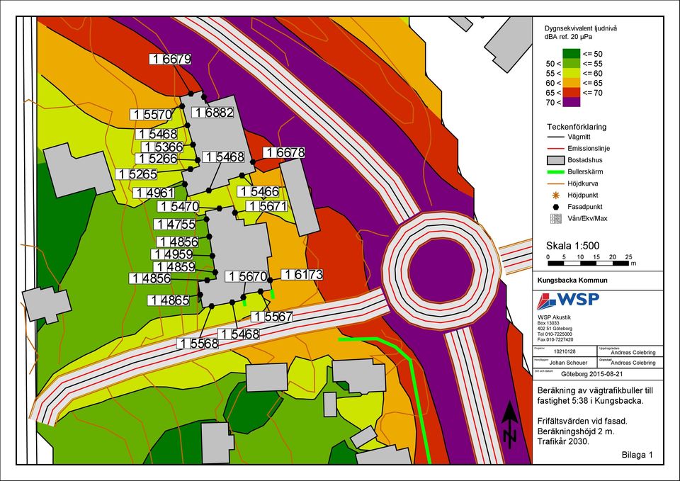 <= 60 60 < <= 65 65 < <= 70 70 < Skala 1:500 0 5 10 15 20 25 m Kungsbacka Kommun WSP Akustik Tel 010-7225000 Fax 010-7227420 Projektnr Ort och datum