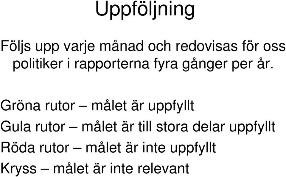 Gröna rutor målet är uppfyllt Gula rutor målet är till