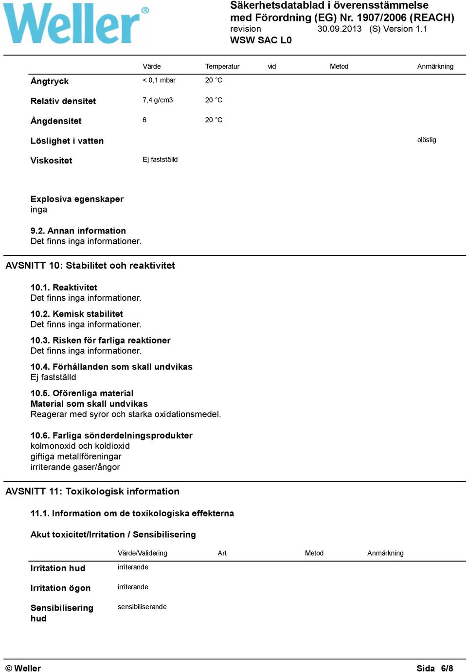 Oförenliga material Material som skall undvikas Reagerar med syror och starka oxidationsmedel. 10.6.