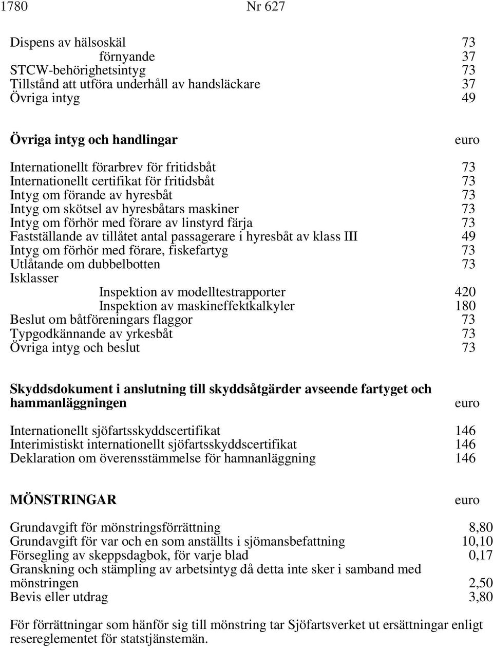 passagerare i hyresbåt av klass III 49 Intyg om förhör med förare, fiskefartyg Utlåtande om dubbelbotten Isklasser Inspektion av modelltestrapporter 420 Inspektion av maskineffektkalkyler Beslut om