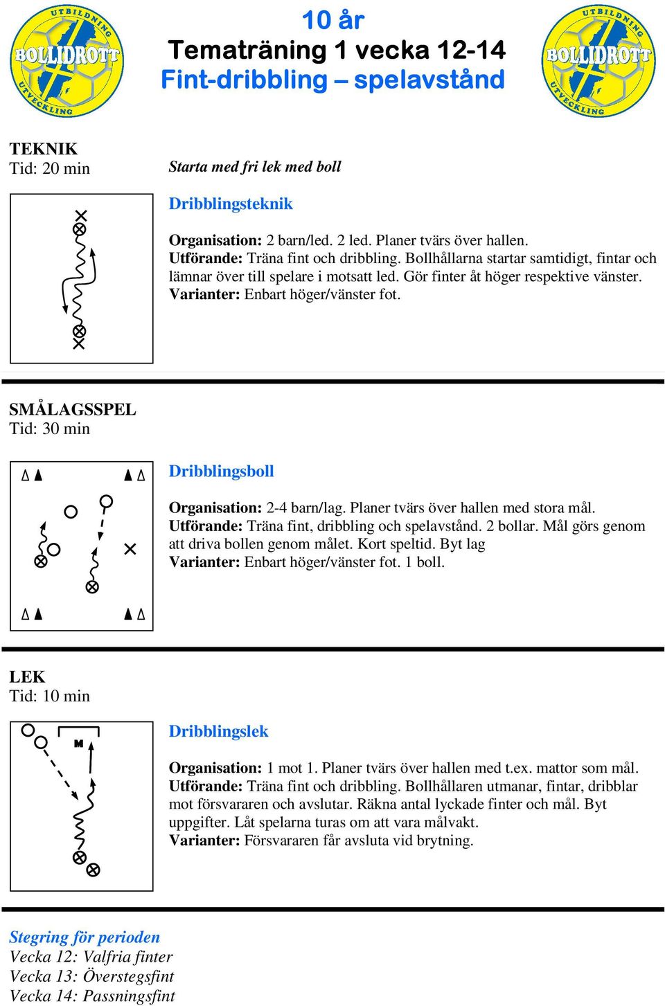 Planer tvärs över hallen med stora mål. Utförande: Träna fint, dribbling och spelavstånd. 2 bollar. ål görs genom att driva bollen genom målet. Kort speltid. Byt lag 1 boll.