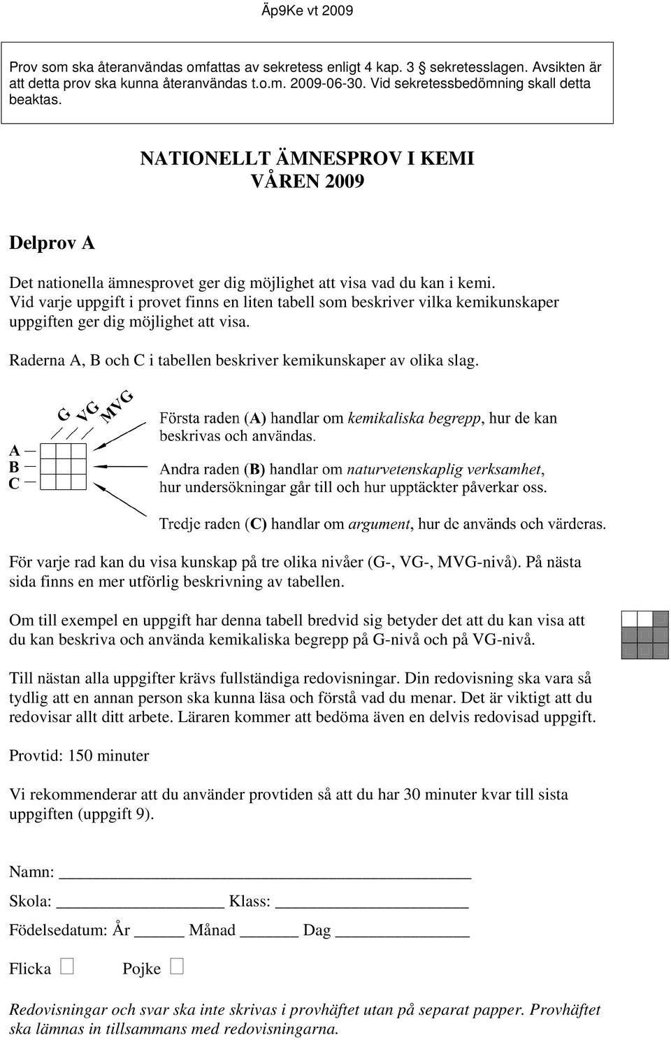 Vid varje uppgift i provet finns en liten tabell som beskriver vilka kemikunskaper uppgiften ger dig möjlighet att visa. Raderna A, B och C i tabellen beskriver kemikunskaper av olika slag.