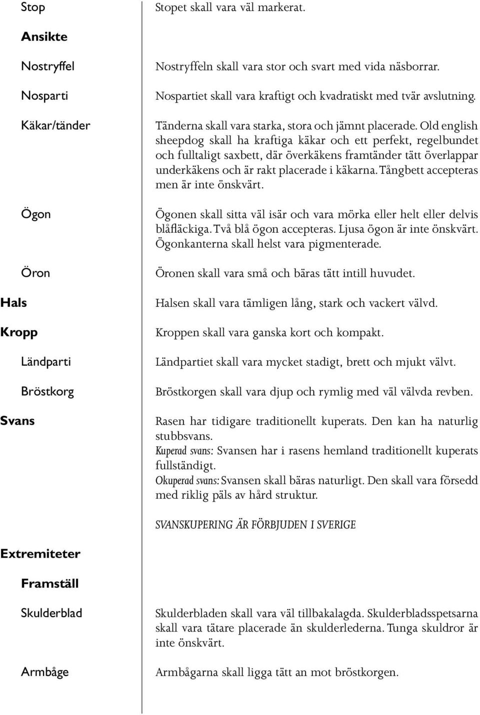 Old english sheepdog skall ha kraftiga käkar och ett perfekt, regelbundet och fulltaligt saxbett, där överkäkens framtänder tätt överlappar underkäkens och är rakt placerade i käkarna.