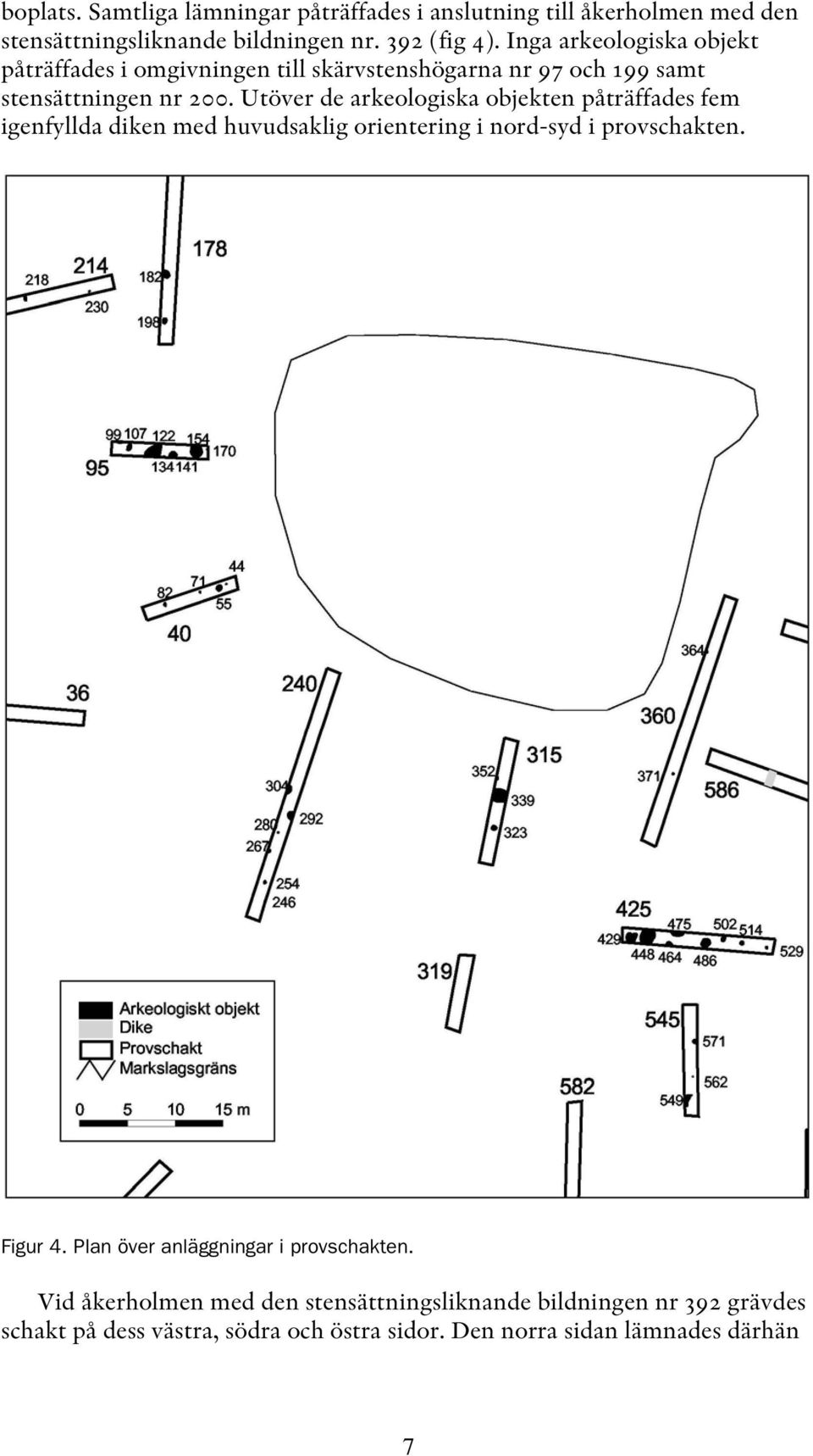 Utöver de arkeologiska objekten påträffades fem igenfyllda diken med huvudsaklig orientering i nord-syd i provschakten. Figur 4.