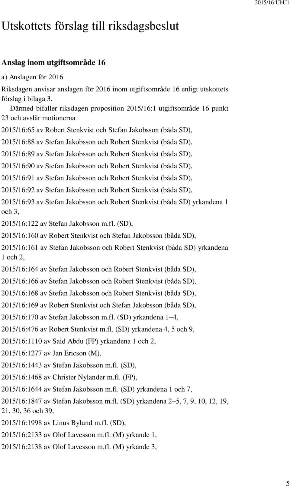 Robert Stenkvist (båda SD), 2015/16:89 av Stefan Jakobsson och Robert Stenkvist (båda SD), 2015/16:90 av Stefan Jakobsson och Robert Stenkvist (båda SD), 2015/16:91 av Stefan Jakobsson och Robert