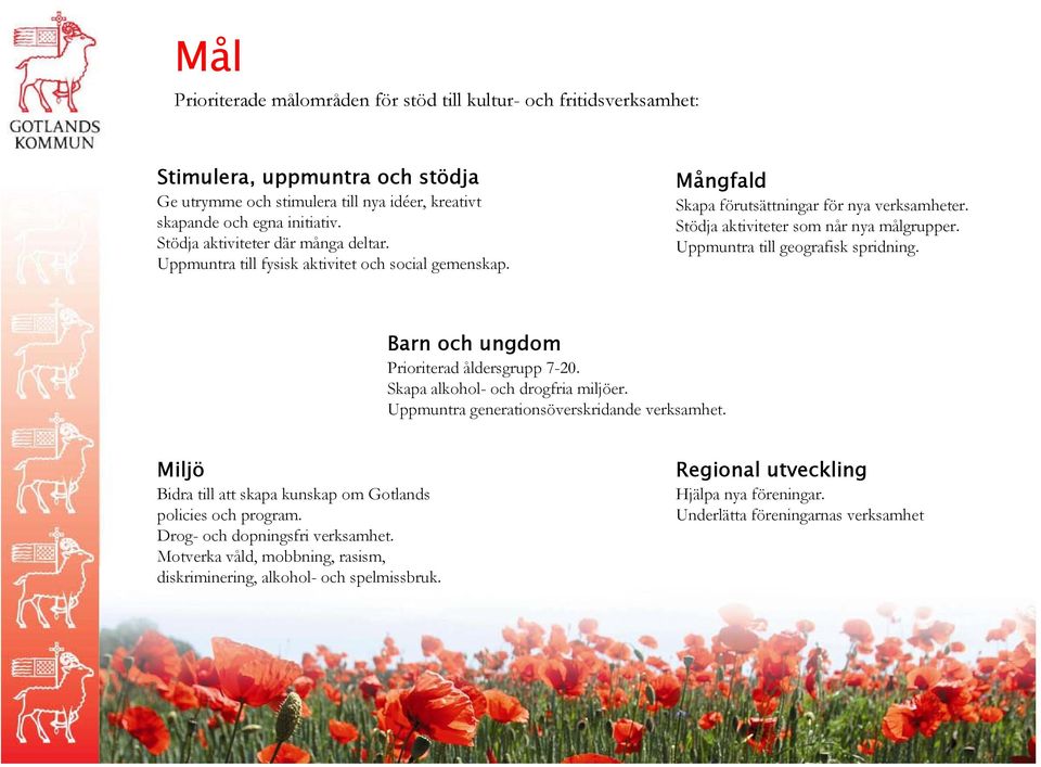 Uppmuntra till geografisk spridning. Barn och ungdom Prioriterad åldersgrupp 7-20. Skapa alkohol- och drogfria miljöer. Uppmuntra generationsöverskridande verksamhet.