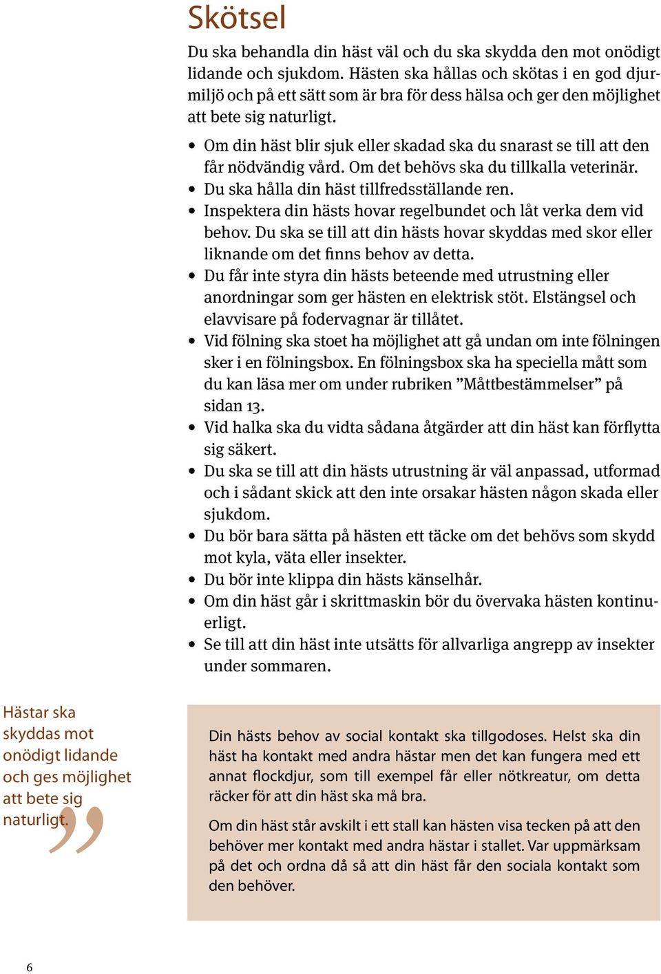 Om din häst blir sjuk eller skadad ska du snarast se till att den får nödvändig vård. Om det behövs ska du tillkalla veterinär. Du ska hålla din häst tillfredsställande ren.