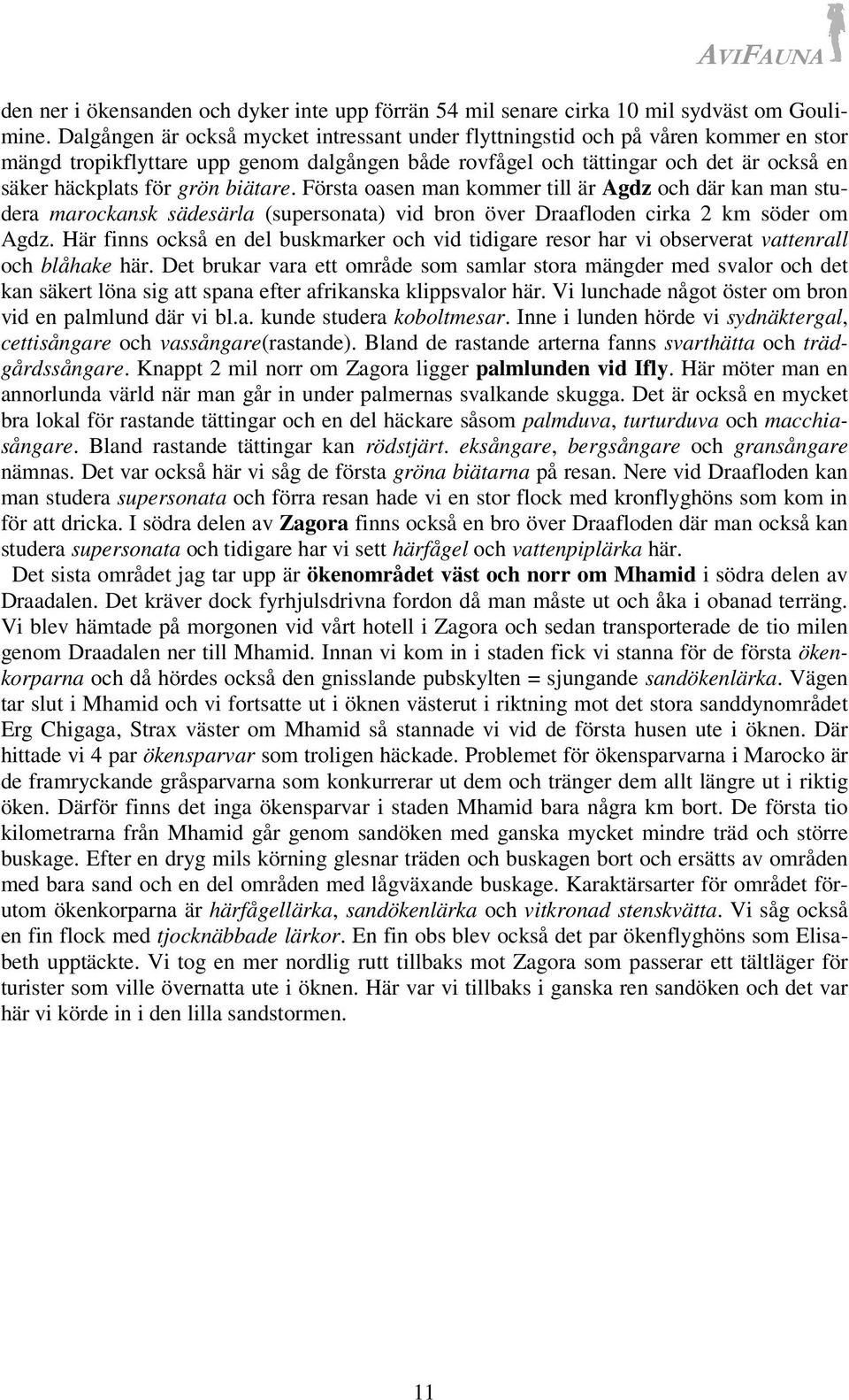 biätare. Första oasen man kommer till är Agdz och där kan man studera marockansk sädesärla (supersonata) vid bron över Draafloden cirka 2 km söder om Agdz.