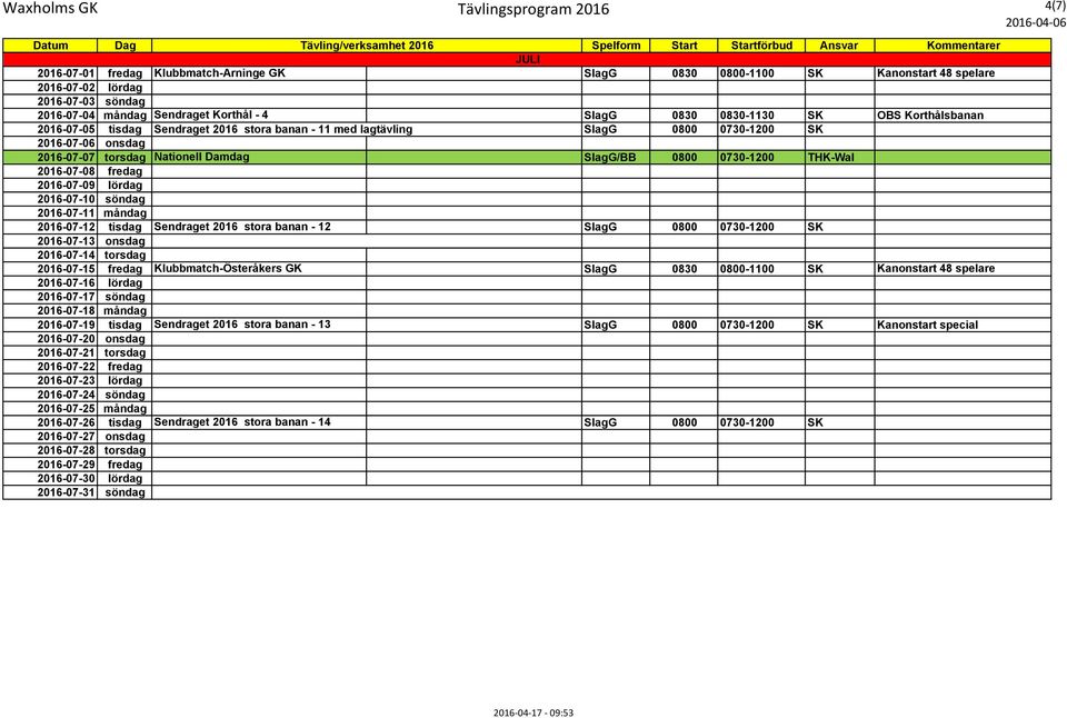 SlagG/BB 0800 0730-1200 THK-Wal 2016-07-08 fredag 2016-07-09 lördag 2016-07-10 söndag 2016-07-11 måndag 2016-07-12 tisdag Sendraget 2016 stora banan - 12 SlagG 0800 0730-1200 SK 2016-07-13 onsdag