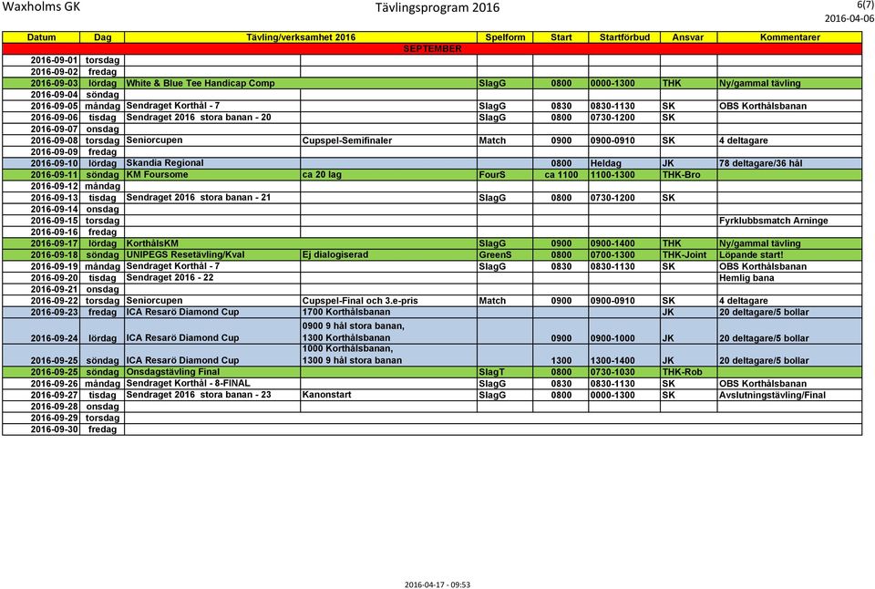 Seniorcupen Cupspel-Semifinaler Match 0900 0900-0910 SK 4 deltagare 2016-09-09 fredag 2016-09-10 lördag Skandia Regional 0800 Heldag JK 78 deltagare/36 hål 2016-09-11 söndag KM Foursome ca 20 lag