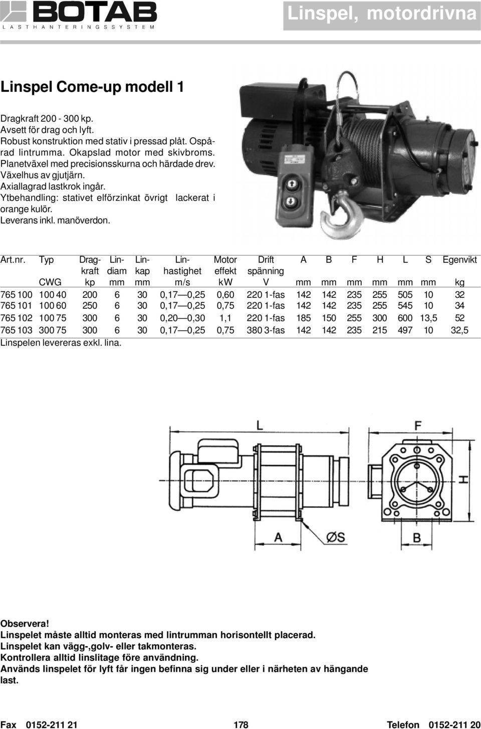 nr. Typ CWG Dragkraft kp Lindiam Linkap Linhastighet m/s Motor effekt Drift spänning V A B F H L S kg 765 100 100 40 200 6 30 0,17 0,25 0,60 220 1-fas 142 142 235 255 505 10 32 765 101 100 60 250 6