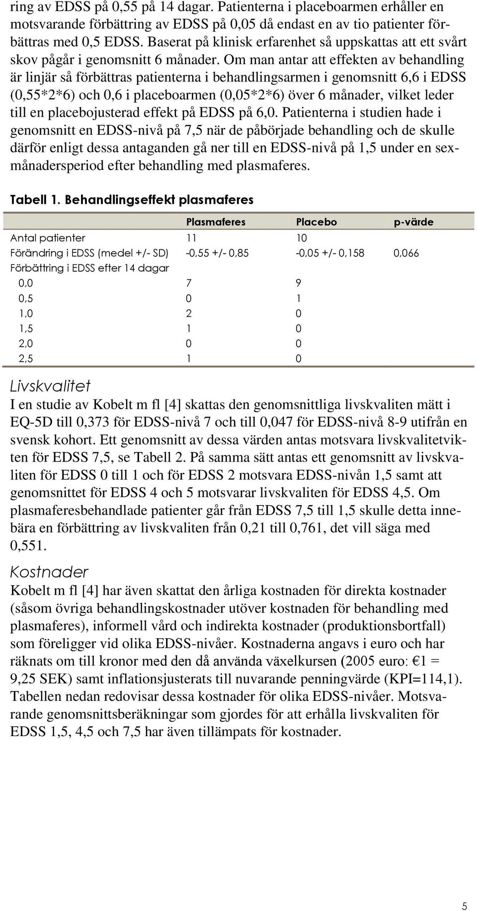Om man antar att effekten av behandling är linjär så förbättras patienterna i behandlingsarmen i genomsnitt 6,6 i EDSS (0,55*2*6) och 0,6 i placeboarmen (0,05*2*6) över 6 månader, vilket leder till