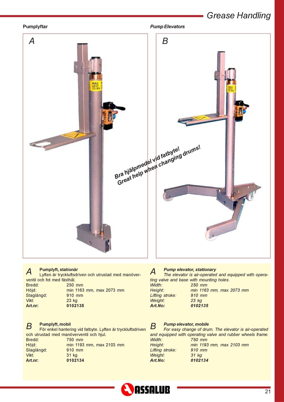 nr: 0102135 A Pump elevator, stationary The elevator is air-operated and equipped with operating valve and base with mounting holes.