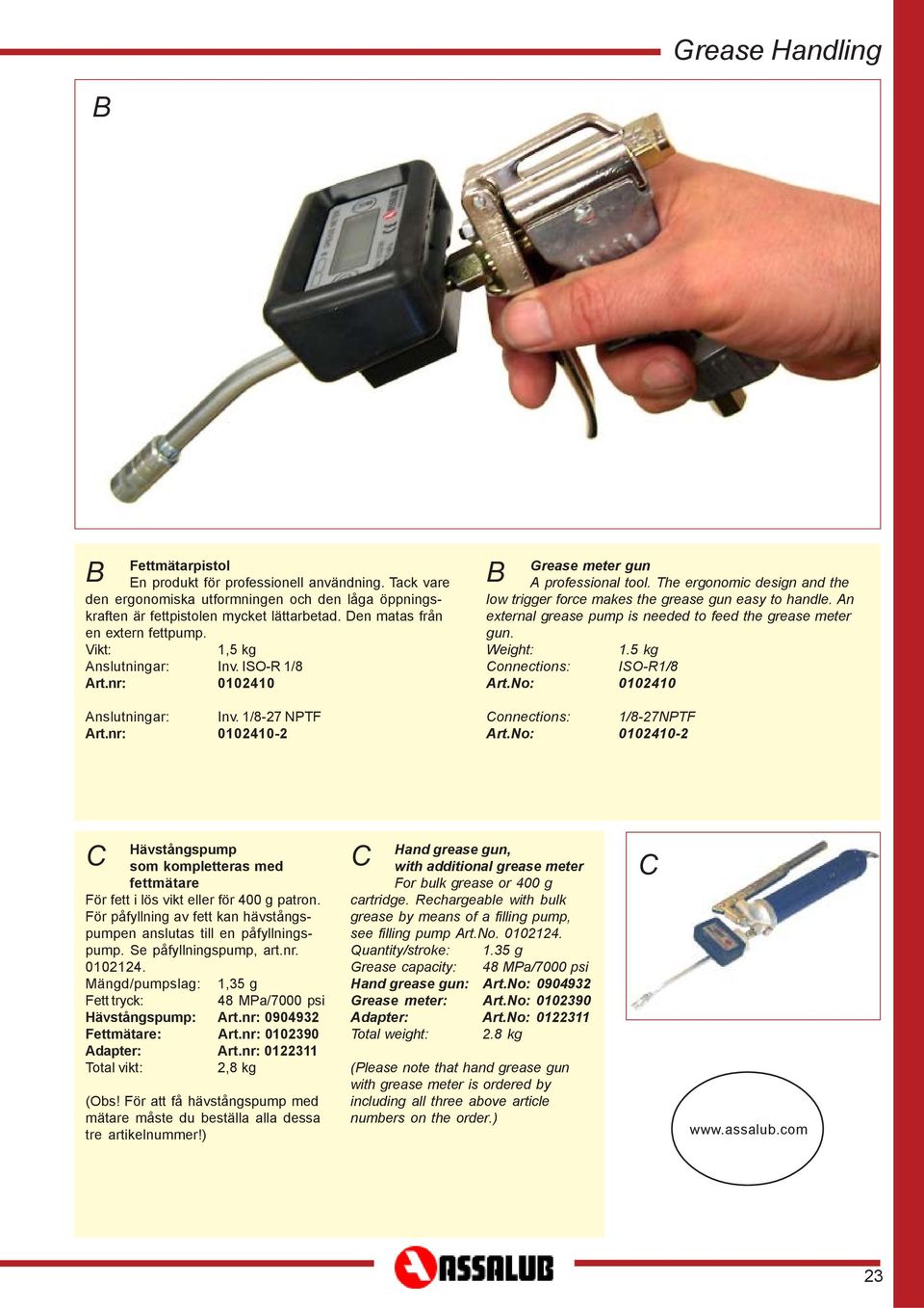 The ergonomic design and the low trigger force makes the grease gun easy to handle. An external grease pump is needed to feed the grease meter gun. 1.5 kg Connections: ISO-R1/8 Art.