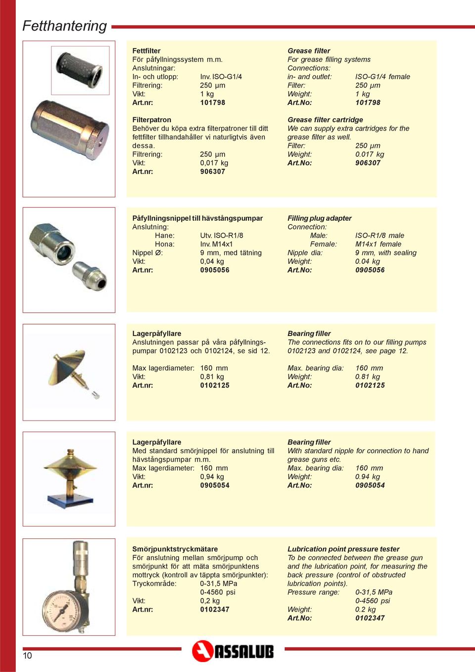 nr: 906307 Grease filter For grease filling systems Connections: in- and outlet: ISO-G1/4 female Filter: 250 µm 1 kg Art.