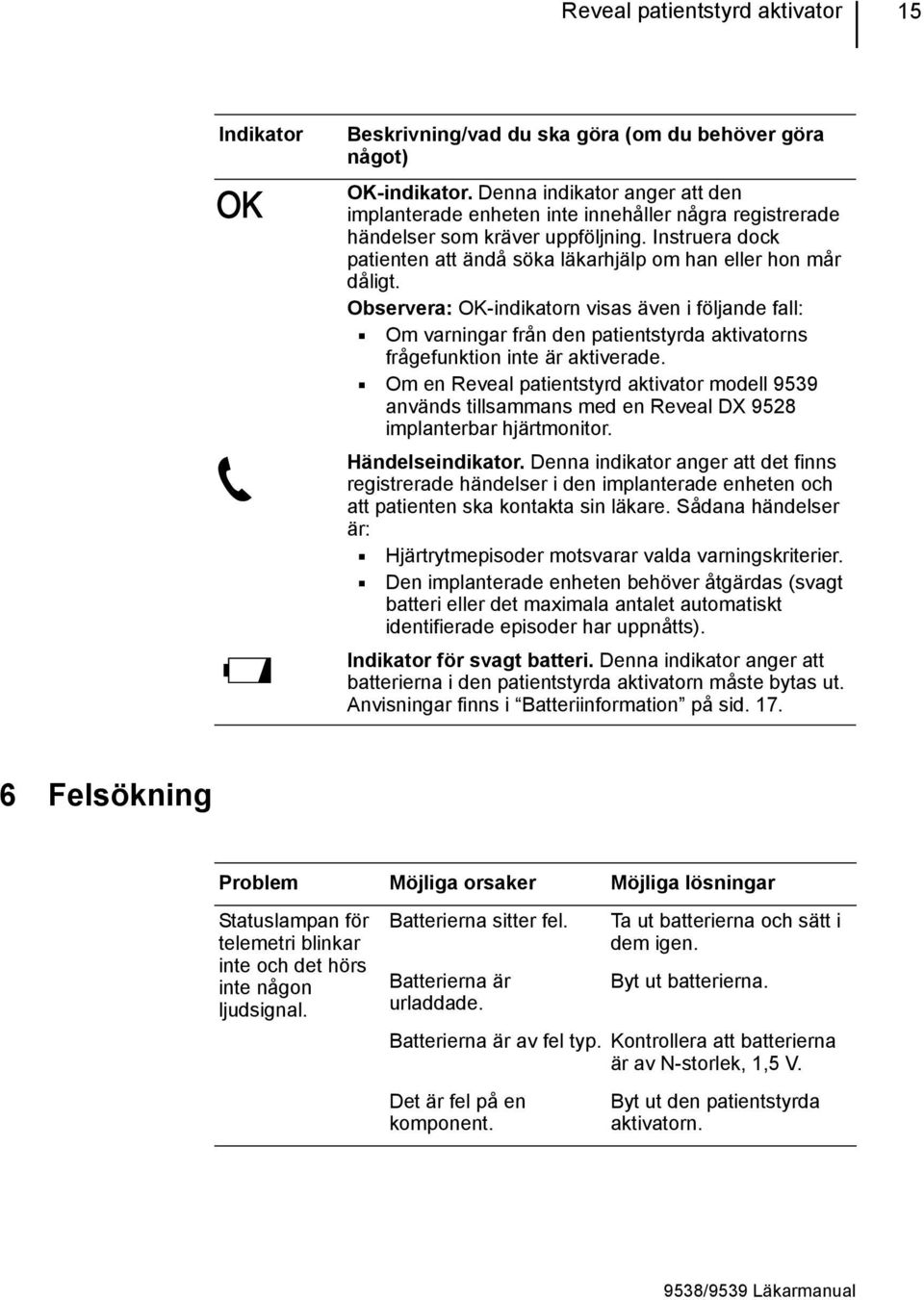 Observera: OK-indikatorn visas även i följande fall: Om varningar från den patientstyrda aktivatorns frågefunktion inte är aktiverade.