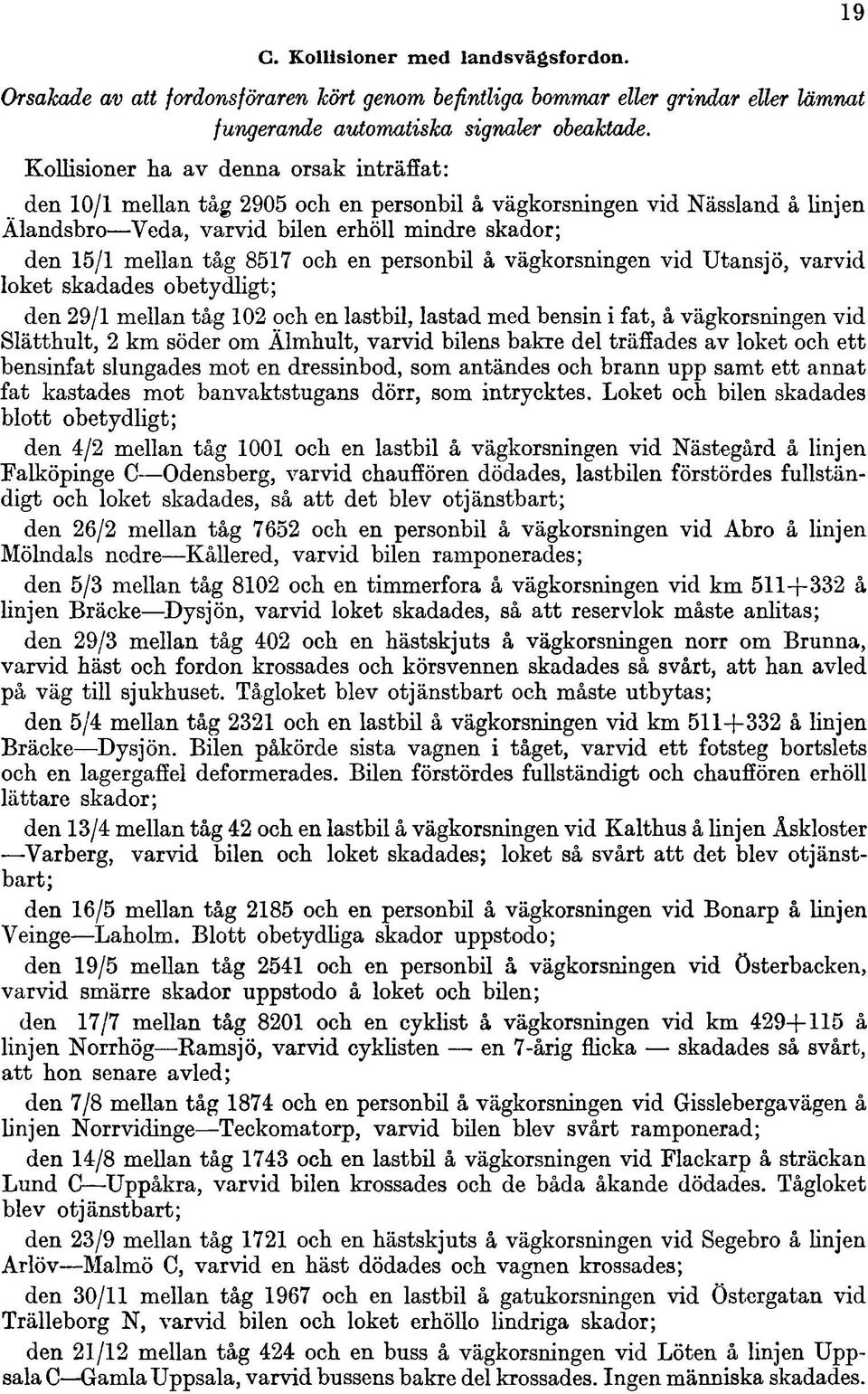 och en personbil å vägkorsningen vid Utansjö, varvid loket skadades obetydligt; den 29/1 mellan tåg 102 och en lastbil, lastad med bensin i fat, å vägkorsningen vid Slätthult, 2 km söder om Älmhult,