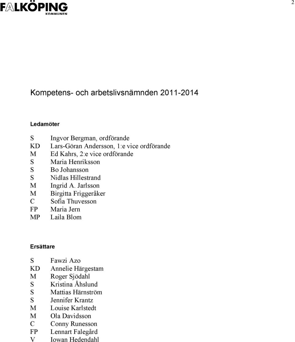 Jarlsson Birgitta Friggeråker ofia Thuvesson aria Jern Laila Blom Ersättare KD C FP V Fawzi Azo Annelie Härgestam Roger