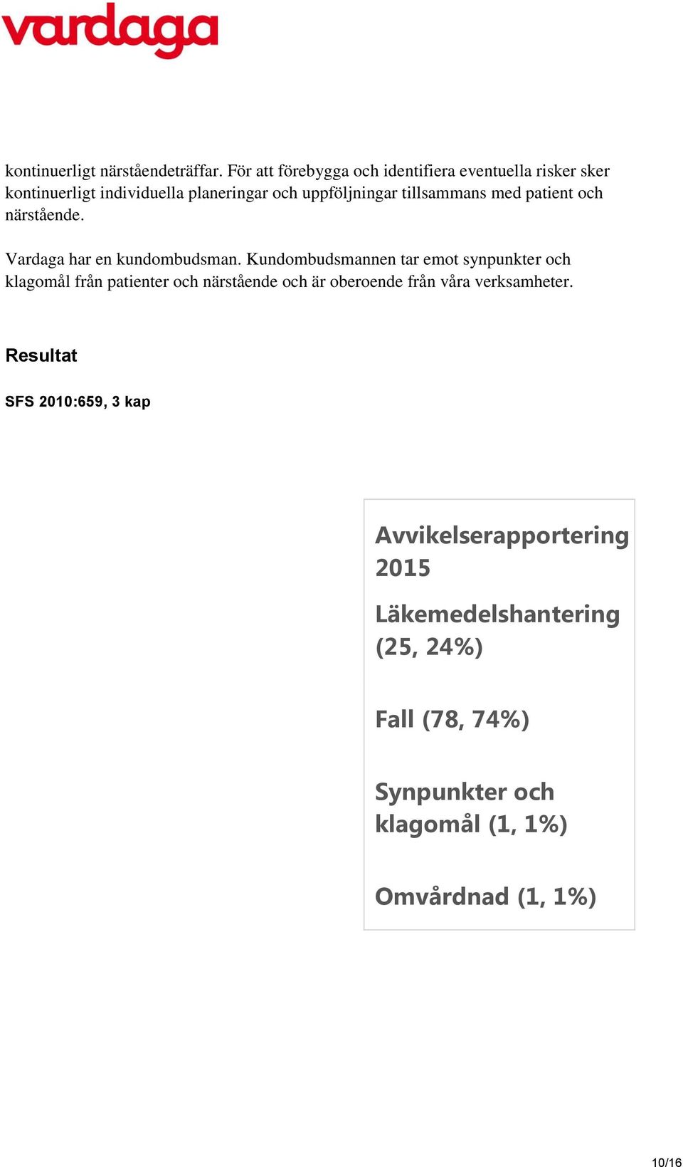 tillsammans med patient och närstående. Vardaga har en kundombudsman.