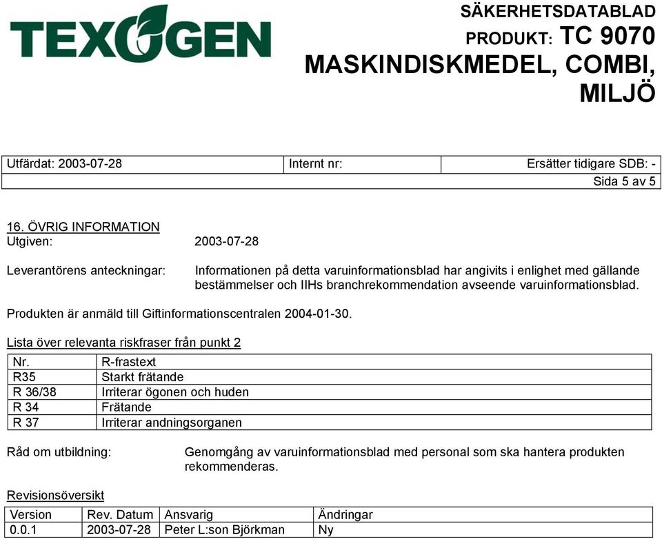 IIHs branchrekommendation avseende varuinformationsblad. Produkten är anmäld till Giftinformationscentralen 2004-01-30.